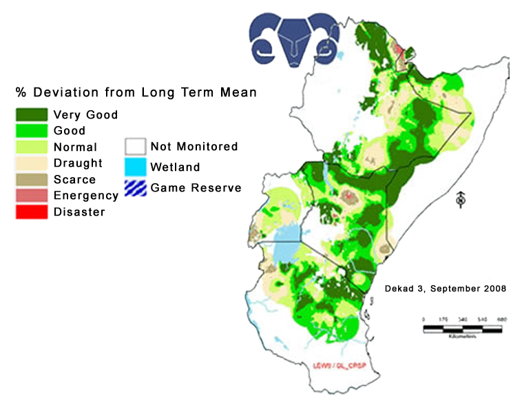 Map showing predicted quantity of forage in the East Africa LEWS program area